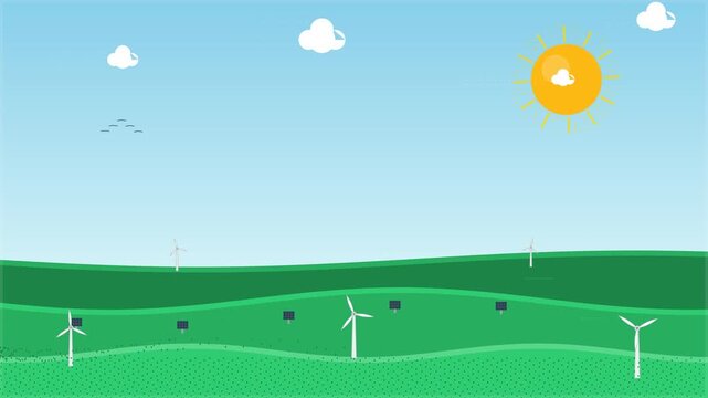 Seamlessly Looping Animation of Wind Turbines Turning in Green Hill Landscape under Sunny Blue Sky