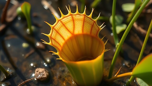 A Venus flytrap with its sealed leaf chamber in a swamp, macro view.