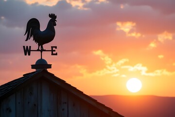 Fototapeta premium Buongiorno Wetterhahn vor leuchtendem Sonnenuntergang auf Scheunendach
