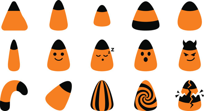 Set of cute halloween candy corn characters with various expressions and patterns on a white background