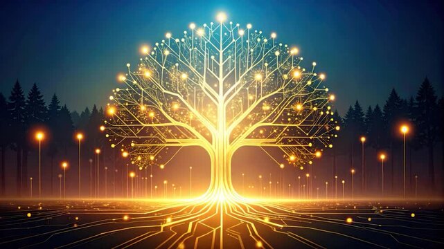 Digital tree of life glows with circuits and light in a dark forest setting