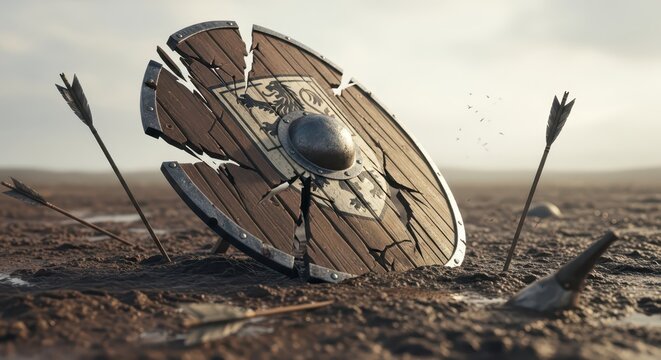Battle aftermath: broken wooden shield and arrows stuck in muddy ground, medieval battlefield scene, symbol of defeat and loss