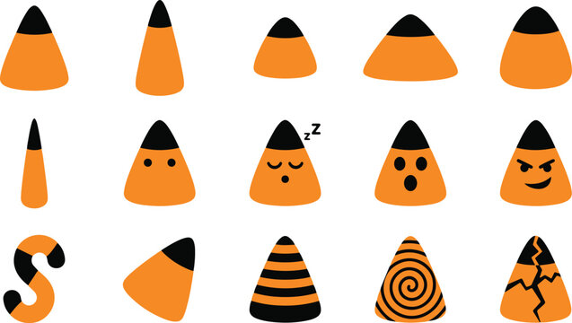 Set of cute hand drawn candy corn illustrations with various funny facial expressions for halloween holiday decoration