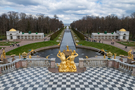 PETRODVORETS, RUSSIA - APRIL 18, 2026: View of the Sea Canal of the Peterhof palace and park complex on a cloudy April day