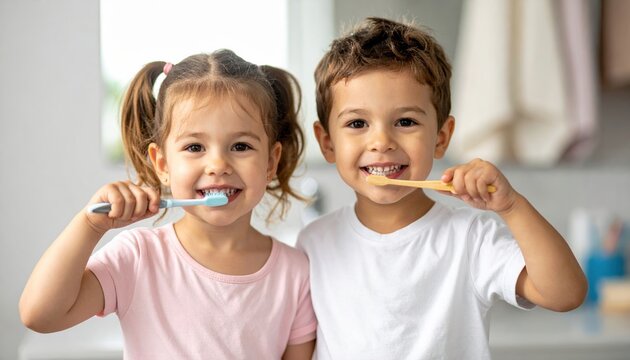 Children brushing teeth morning hygiene routine