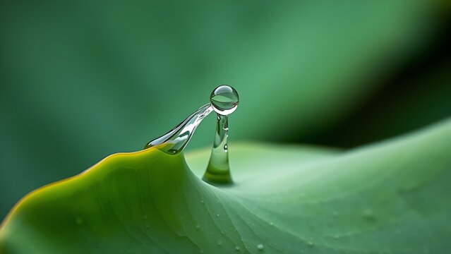 Water droplet launching from green lotus leaf, macro detail of splash.