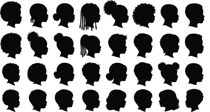 Diverse collection of black head silhouette profiles showcasing unique hairstyles including short, curly, braids, buns, ponytails, and afro vector designs
