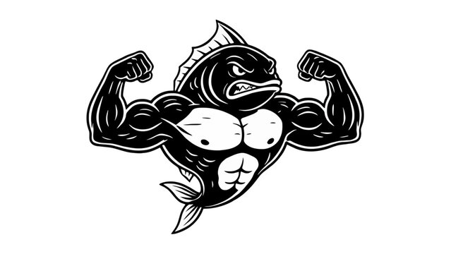 Strong muscle fish bodybuilder flexing biceps fitness mascot logo isolated on white background vector illustration