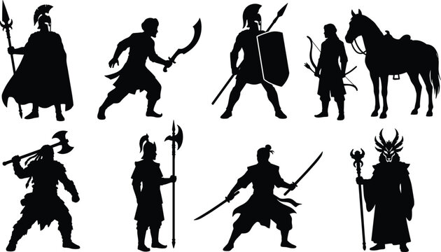 Powerful collection of warrior silhouettes featuring spearmen, swordsmen, archers, armored fighters, halberd soldiers, axe warriors, and mystical staff figures