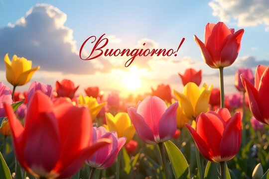 Buongiorno Bunte Tulpen im sonnigen Fr&uuml;hlingsgarten