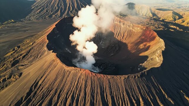 Spectacular aerial view of an active volcano caldera with rising steam and rugged ridged slopes