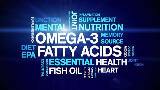 Omega-3 Fatty Acids animated word cloud-animation tag kinetic typography seamless loop.
