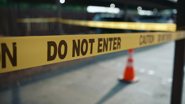 Yellow caution tape do not enter blocking parking area with traffic cone showing restricted access and temporary closure of hazardous outdoor zone