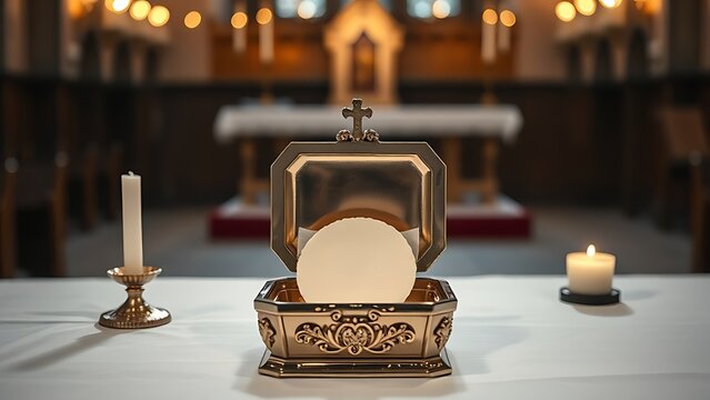 Open pyx containing white communion wafer on altar, illuminated by candlelight, still composition.