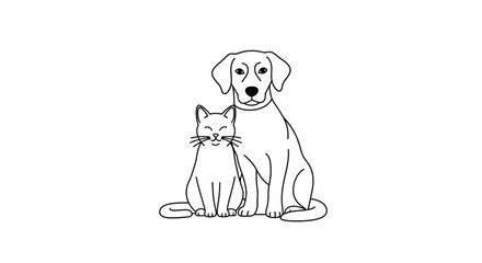 Obraz premium Line Drawing Dog Cat Sitting Together Side By Side.