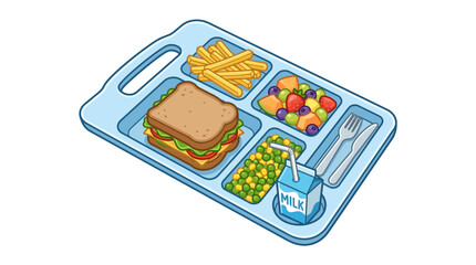 Flat Vector Illustration of a Healthy School Lunch Tray with Milk and Fruit