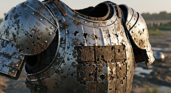 Battle-Damaged Medieval Plate Armor Covered in Mud and Debris, Evoking a Sense of Historical Conflict and Grit