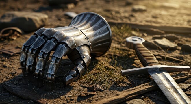 Close-up of a medieval gauntlet and sword lying on the ground, evoking themes of battle, history, and medieval warfare.