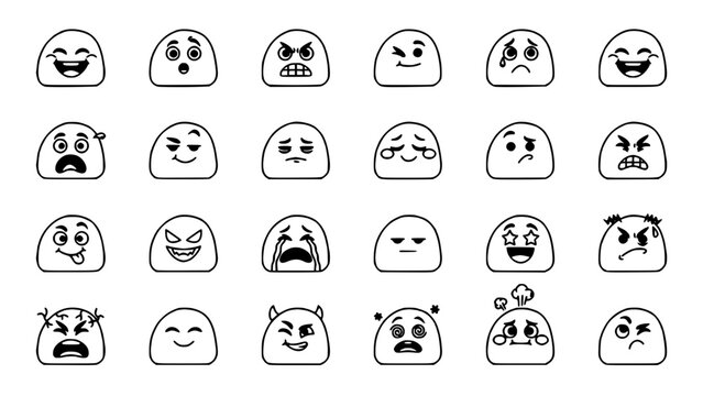 Cartoon Faces Showing Various Emotions and Expressions in a 6x4 Grid Featuring Illustration, Vector, Design with Happy and Sad