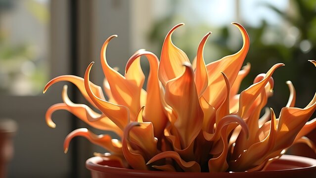 A potted plant with sun-bleached, curled leaves under intense sunlight.
