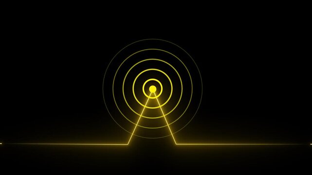 Neon glow line animated by radio wave animation on a black screen background. Radio wave tower connective network and signal waves. Radio waves signal 4k video animation