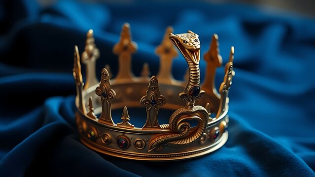 Golden uraeus crown with cobra motif on blue velvet, luxurious and regal.