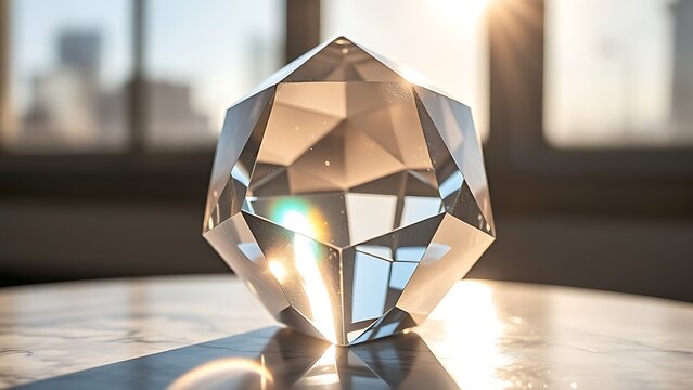 Clear icosahedron crystal paperweight refracting sunlight on marble surface.