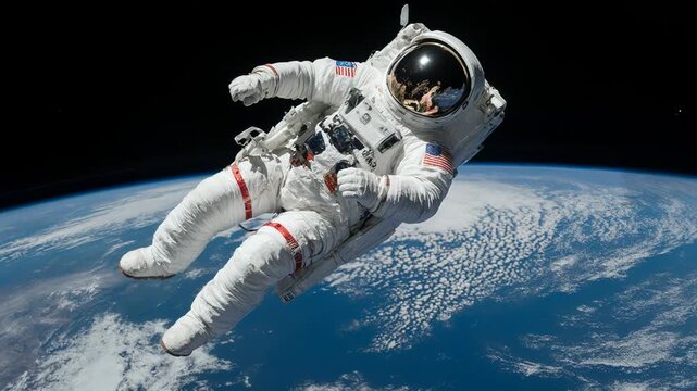 Astronaut in a white space suit floats in low Earth orbit, showcasing the curvature of the planet and the vastness of space in the background