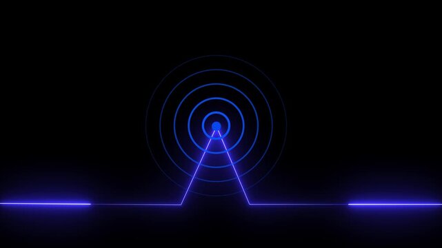 Neon glow line animated by radio wave animation on a black screen background. Radio wave tower connective network and signal waves. Radio waves signal 4k video animation