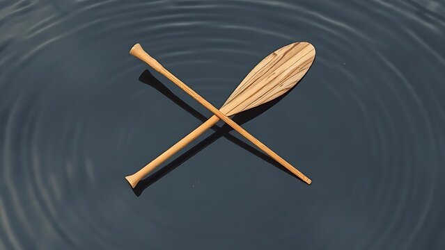 A wooden oar crossed with a conductor's baton over water ripple lines.