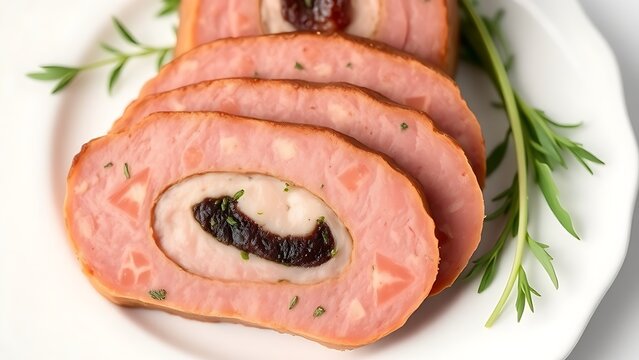 Sliced terrine on a white plate showing geometric layers of meat and aspic.