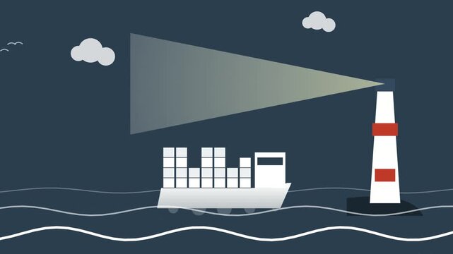 Minimalist Animated Lighthouse Beam Sweeping Over a Cargo Ship at Sea
