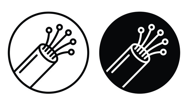 Minimalist black and white fiber optic cable line art icons in circular frames for web design