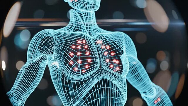 Futuristic 3D wireframe hologram of human torso showing lung infection