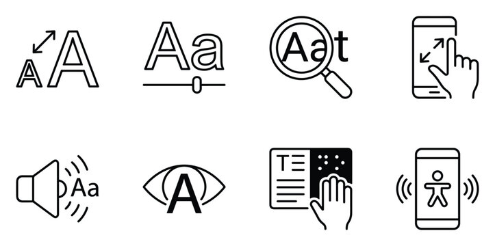 Set of eight icons representing accessibility options for font size screen reader and audio controls.