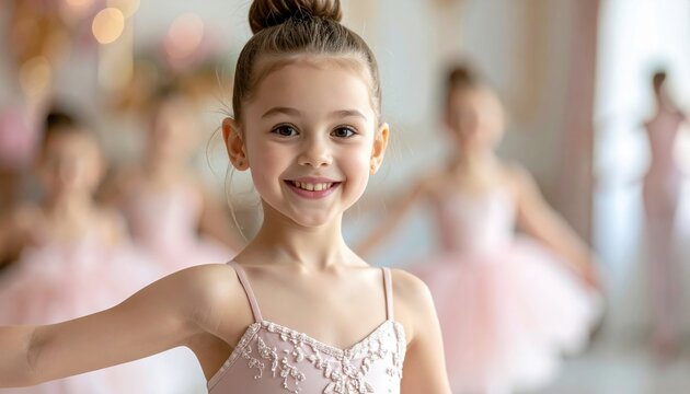 Child ballet dancer smiling in elegant stage costume
