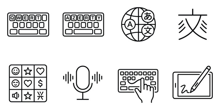 Set of eight icons representing keyboard layouts input methods and language translation tools.
