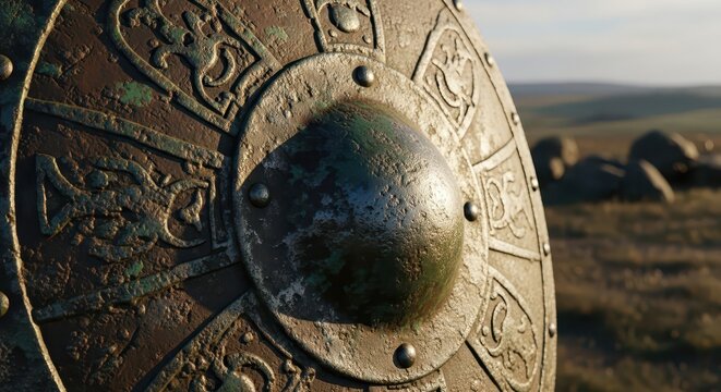 Close-up of an ancient, weathered Viking shield with intricate patterns and a central boss, set against a blurred natural landscape.
