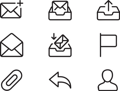Minimalist Line Icons Set Featuring Email Communication, Paper Clip, User Profile, and Directional Arrows in Clean Black