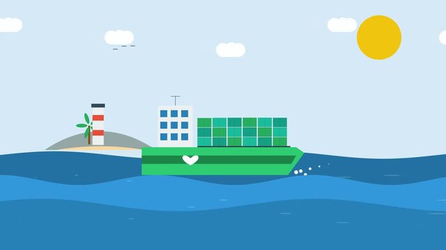 Flat Vector Animation of a Cargo Ship Sailing on Ocean Waves
