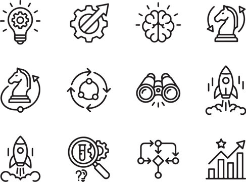 Minimalist Line Icons Set Featuring Innovation, Strategy, Growth, and Business Concepts in Clean Vector Style