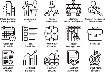 Fototapeta premium Modern Minimalist Business Icons Set Featuring Office Leadership, Teamwork, Meetings, Workflow, Finance, and Success