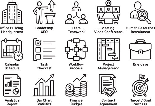 Modern Minimalist Business Icons Set Featuring Office Leadership, Teamwork, Meetings, Workflow, Finance, and Success