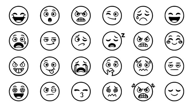 Faces Showing Various Emotions and Expressions in a 6x4 Grid of Cartoon Illustrations Featuring Illustration, Happy, Sad