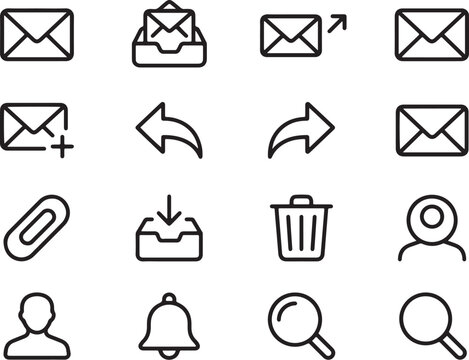 Modern Minimalist Email Communication and Office Action Icon Set in Clean Black Line Art Style