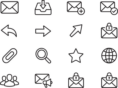 Modern Minimalist Email Communication Icon Set Featuring Reply, Forward, Send, Secure Messaging, Attachments, Search,