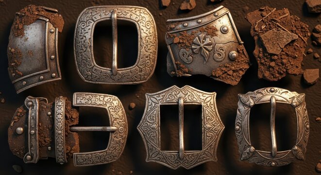 Collection of Antique Metal Buckles and Earth Fragments, Medieval Artifacts Display