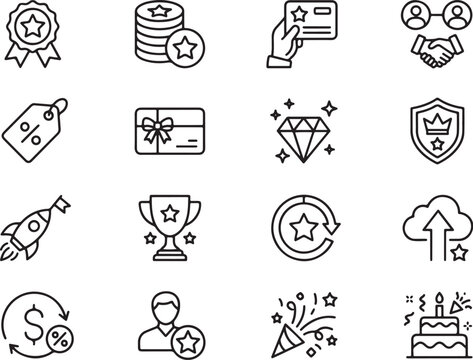 Modern Minimalist Loyalty Rewards and Membership Recognition Vector Icon Set with Stars and Badges