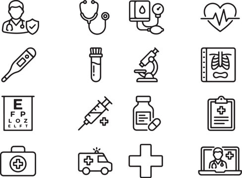 Modern Minimalist Medical Healthcare Icons Set Featuring Doctor, Stethoscope, Lab Tools, Emergency, and Clinic Symbols