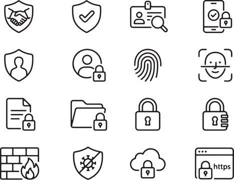 Modern Minimalist Security Icons Set Featuring Handshake, Shields, Fingerprint, Locks, Documents, Clouds, and HTTPS in